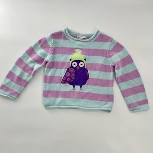 Garnet Hill Girls Purple and Blue Stripe Owl Knit Boxy Crop Cotton Sweater M 7-8